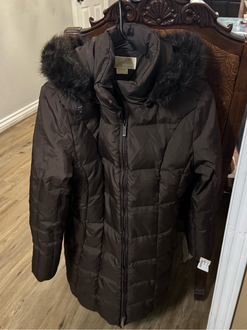 Michael Kors Dark Brown Quilted Puffer Coat with Faux Fur Trim